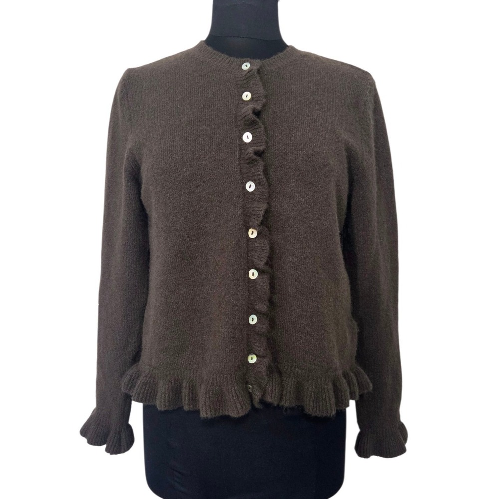 NWT Cynthia Rowley Sweater Ruffle Brown Button Front Cardigan Academia Size M